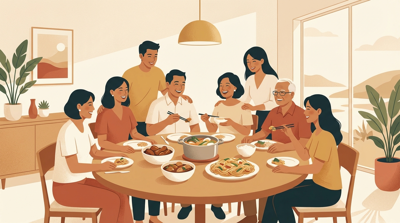 Filipino family gathering around dinner table